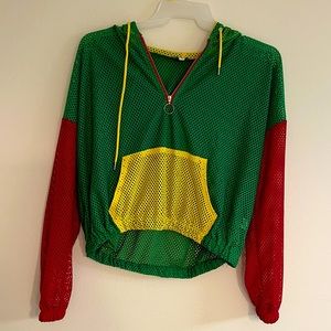 Green, red and yellow netted top with hoodie